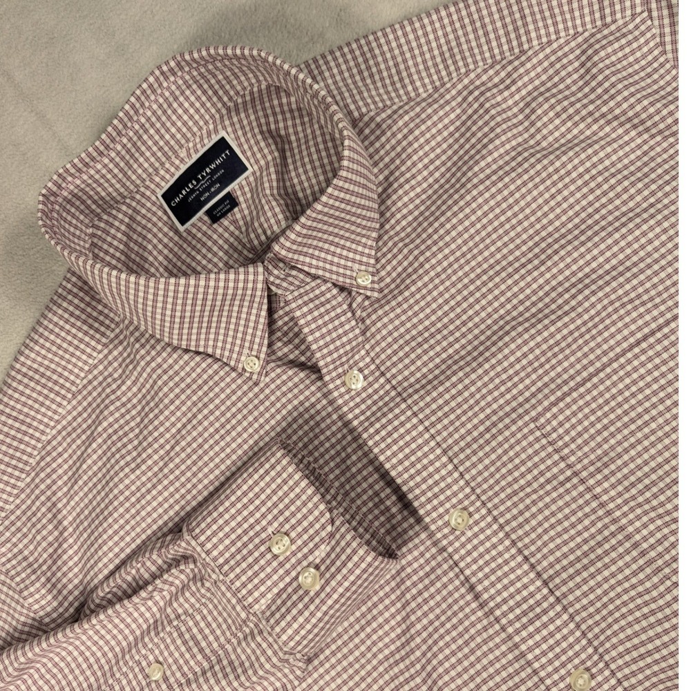 Charles Tyrwhitt Mens XXL Classic Fit Non-Iron Micro Check Dress Shirt Burgundy